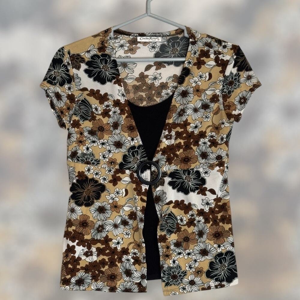 Y2K Brown Black Boho Chic Retro Floral Layered Top Womens Medium Indie Sleaze